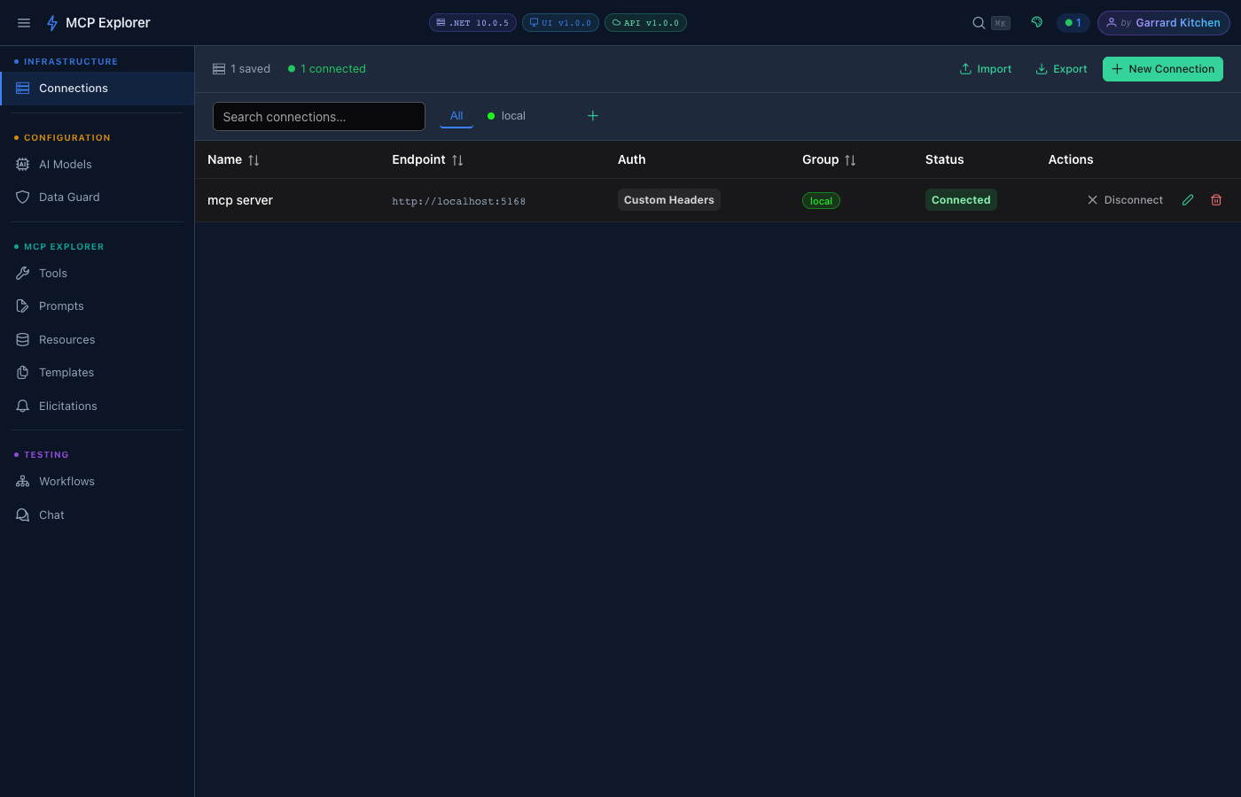 Connections list showing MCP servers with health indicators, transport type, and connect toggles
