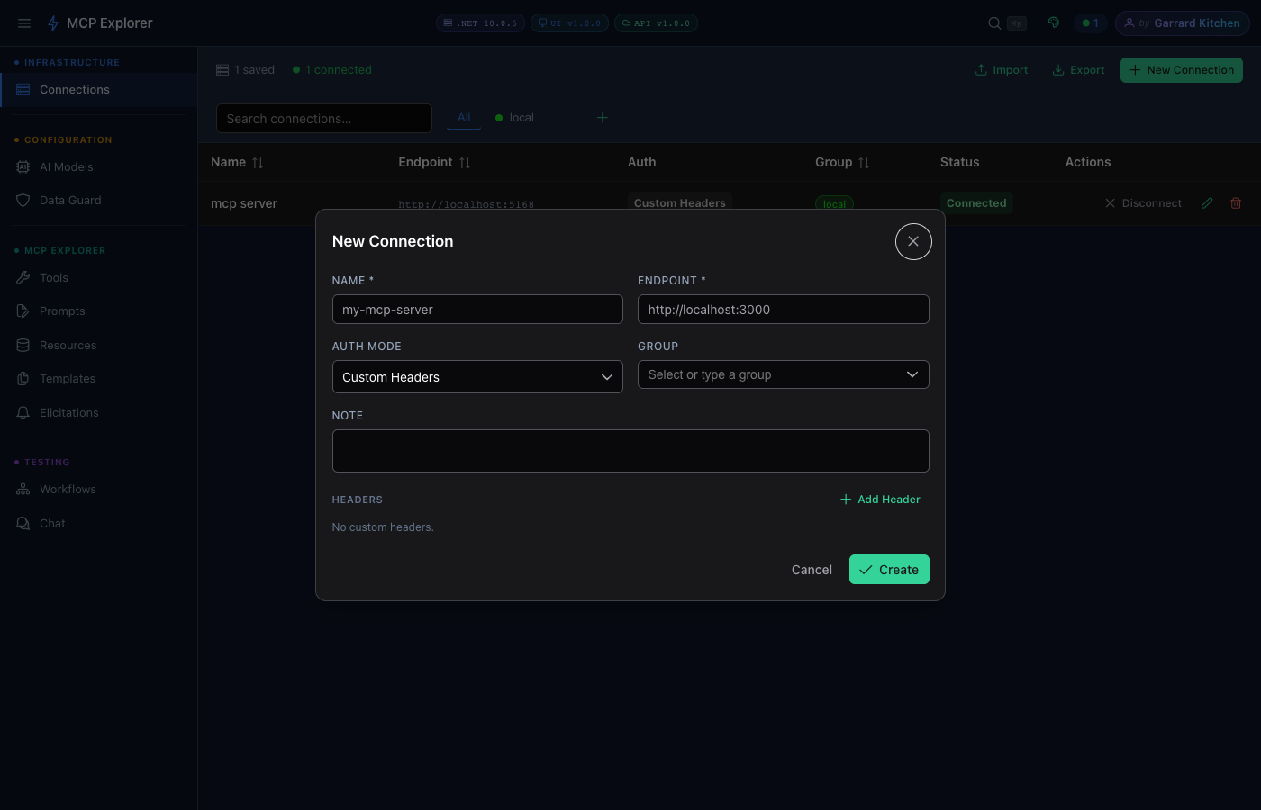 New connection form with fields for name, URL, transport type, and optional headers