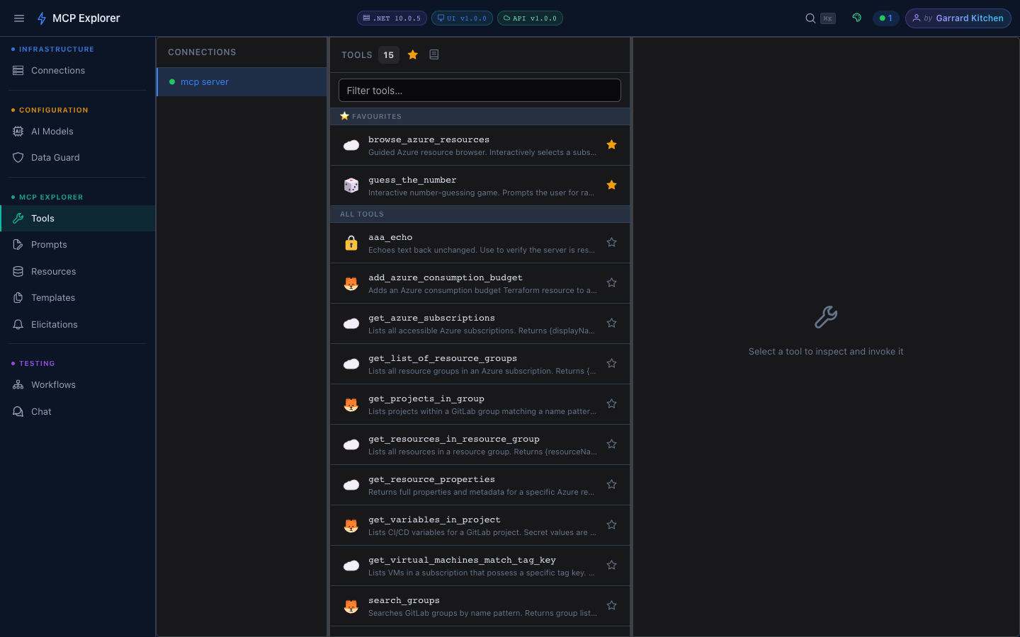 MCP Explorer Tools view showing 15 tools from a connected MCP server