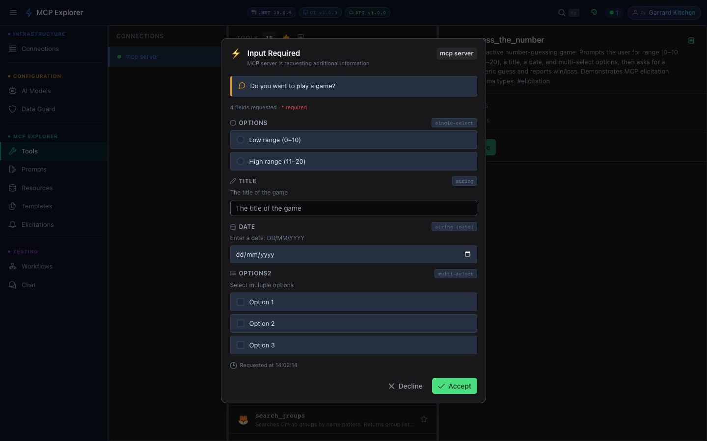 Elicitation dialog showing range selection with Low range and High range radio options, plus title and date fields