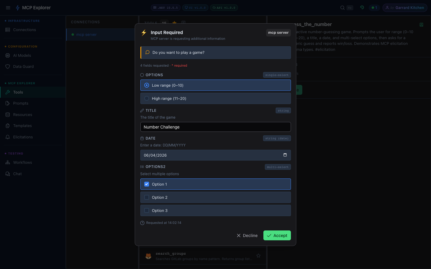 Elicitation form filled in with Low range selected, title filled, date chosen, options checked
