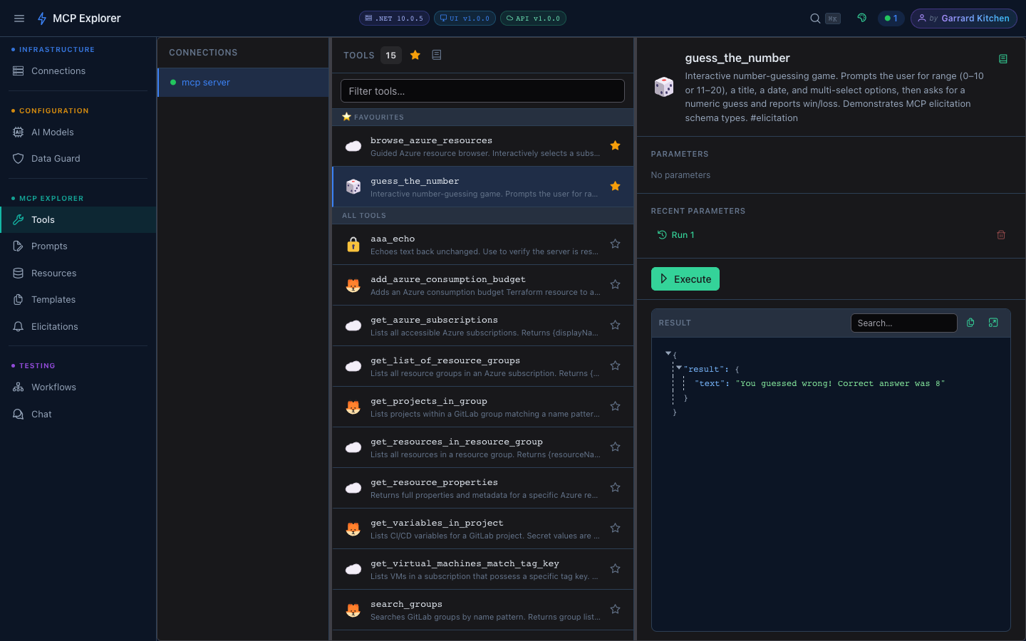 Tool result showing the outcome of the guess the number game