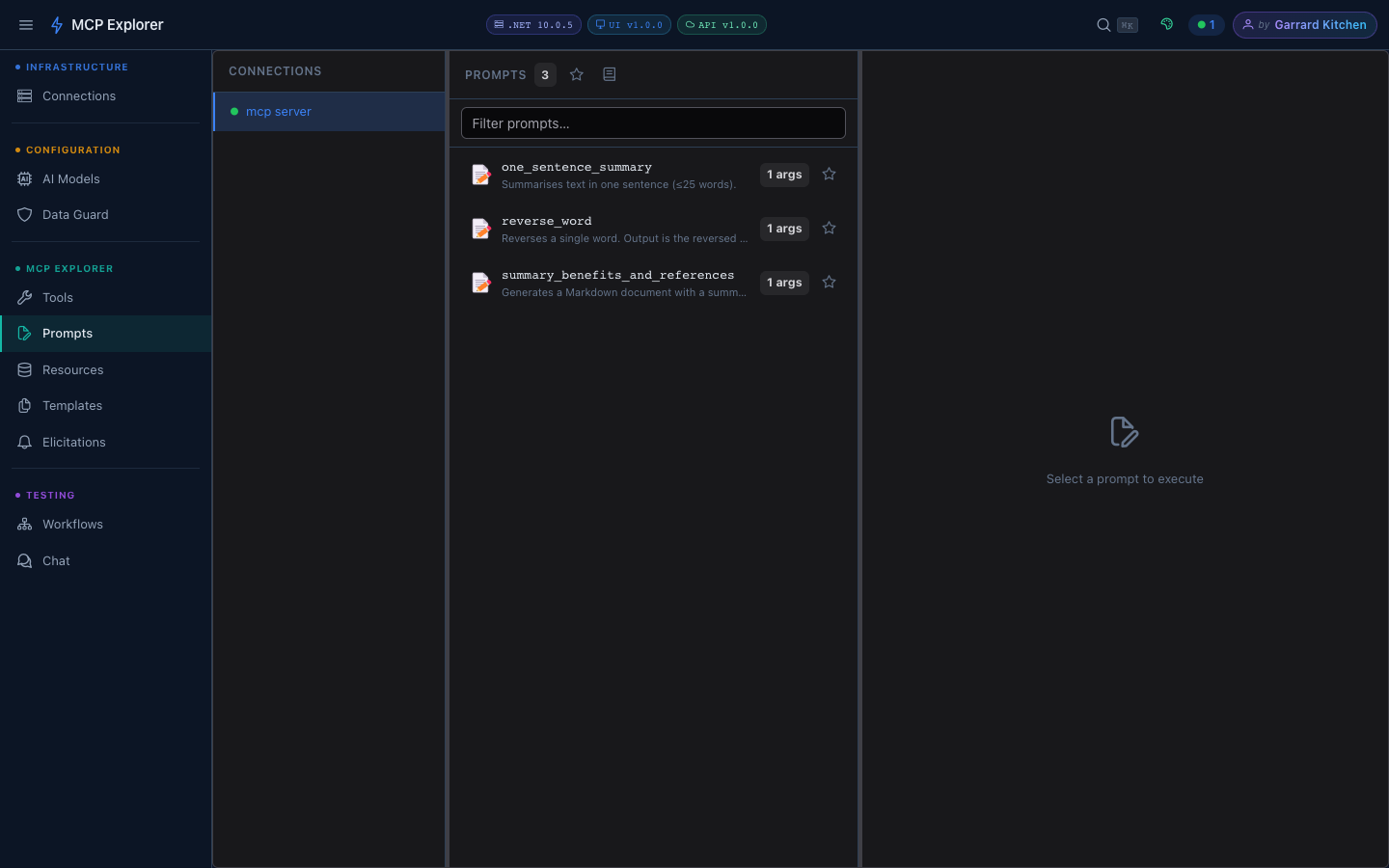 Prompts view with mcp server selected listing 3 prompts
