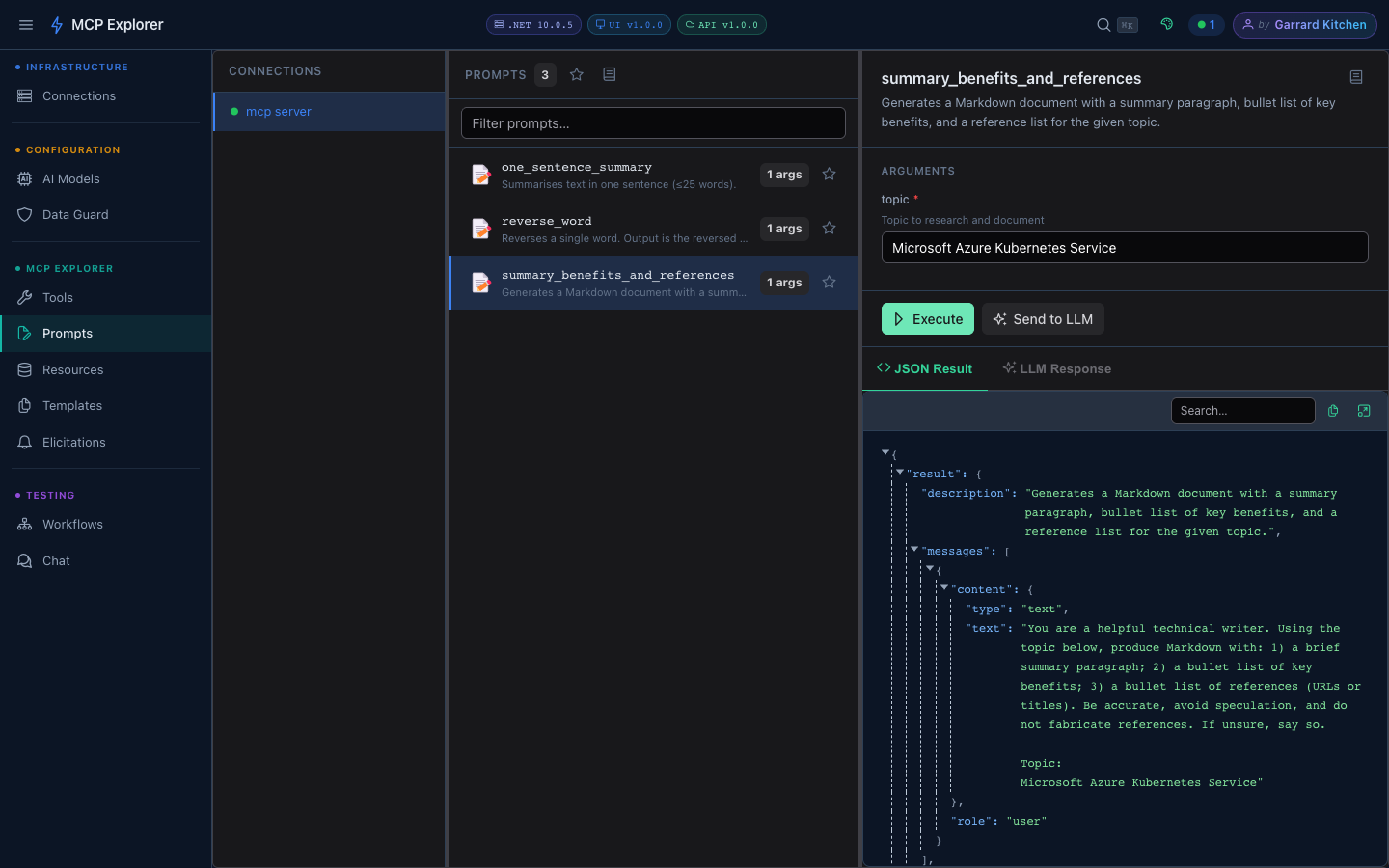 Document output showing formatted Markdown with summary, bullets, and references