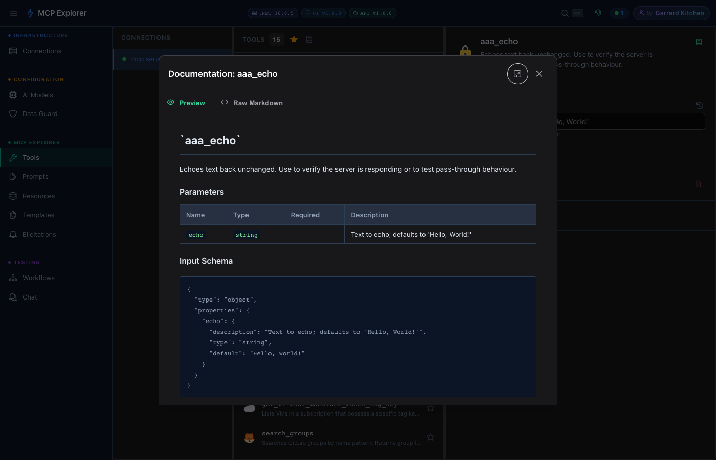 Documentation dialog for aaa_echo showing rendered Markdown with parameter table