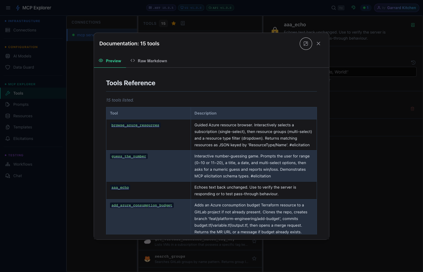 Bulk documentation dialog showing combined reference for all 15 visible tools
