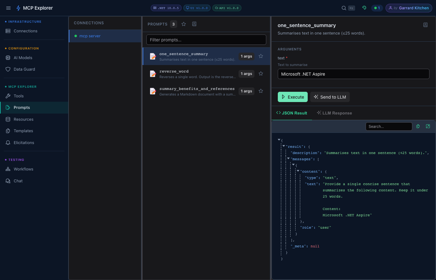 Prompt result showing rendered output with Send to LLM and Copy buttons