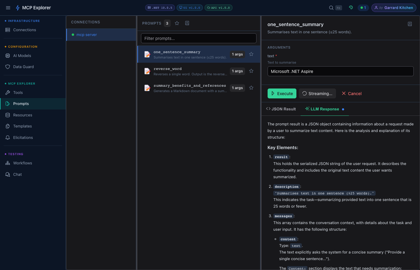 LLM Response tab showing the GPT-4o generated answer to the prompt