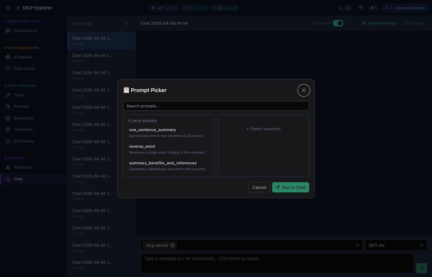 Prompt Picker dialog showing MCP prompts after /prompt command