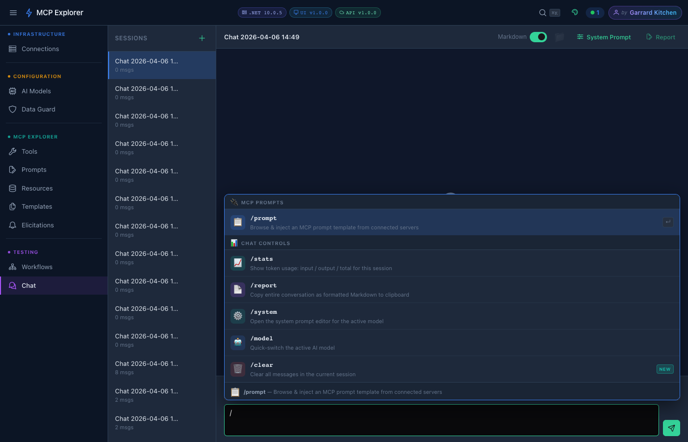 Slash command menu showing all available commands
