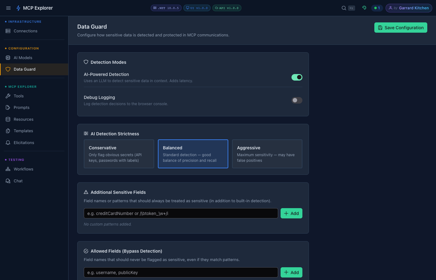 Data Guard with AI detection enabled showing strictness selector