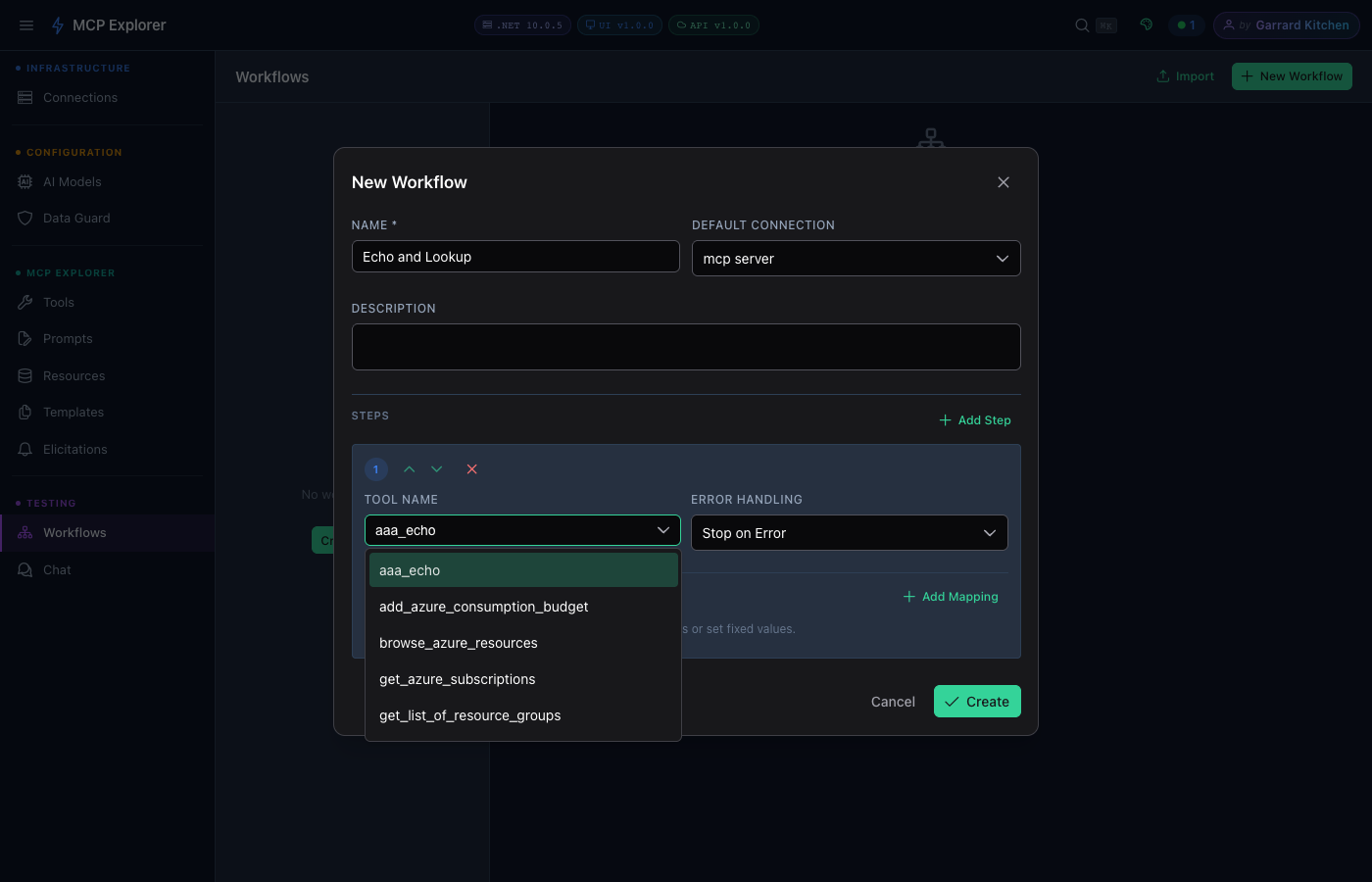 Step 1 configured with mcp server and aaa_echo tool