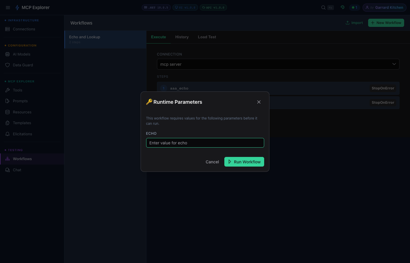 Runtime Parameters dialog prompting for the echo value