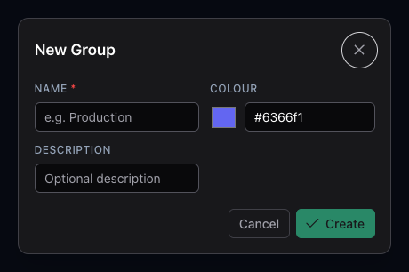 New Group dialog with name and colour picker