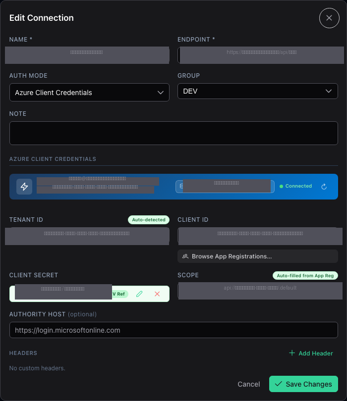 Edit Connection dialog showing Azure Client Credentials auth mode with the Azure Context Banner, Tenant ID (auto-detected), Client ID, Key Vault secret reference, and auto-filled Scope fields