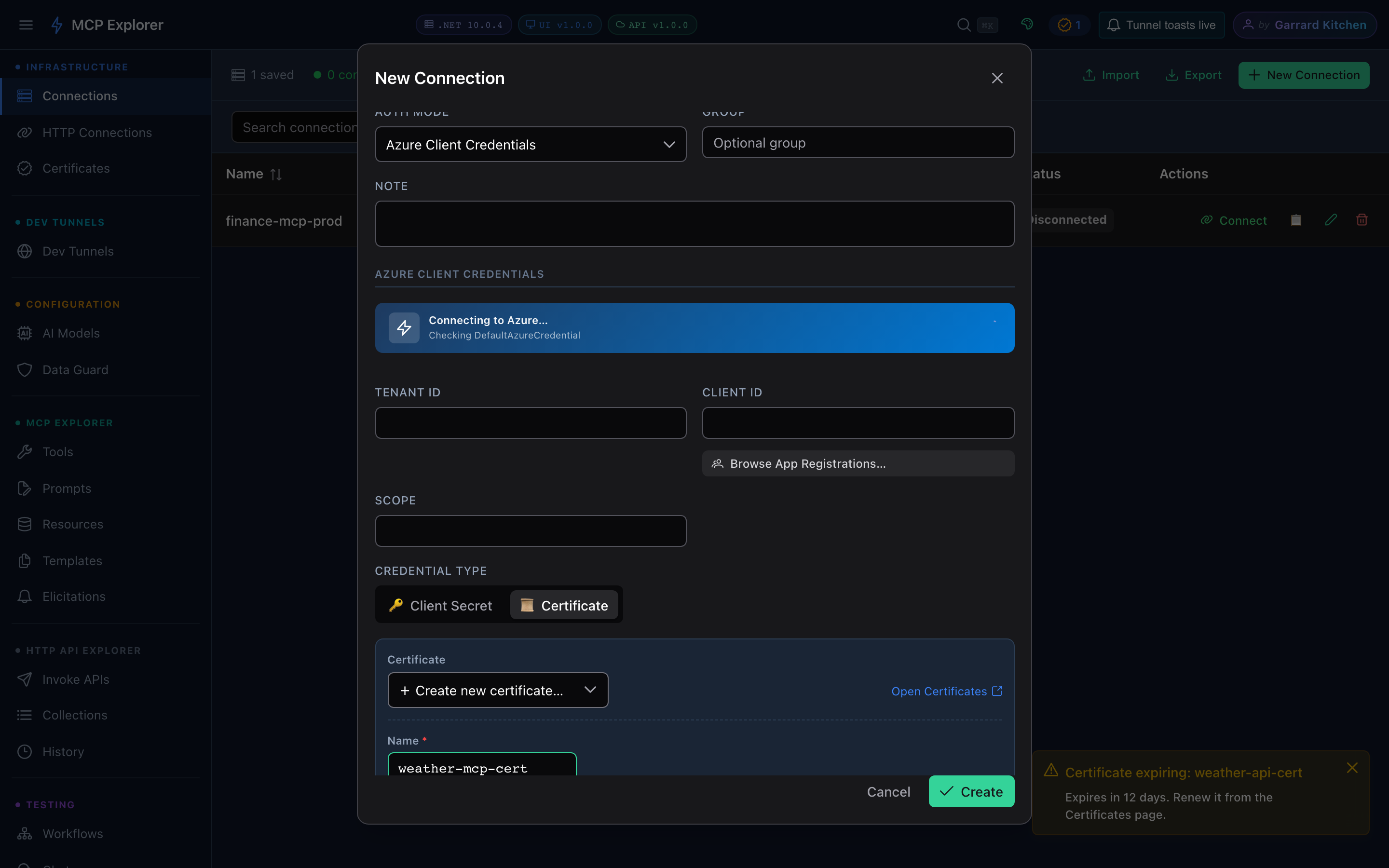 New Connection dialog with the Credential Type switch set to Certificate and the inline certificate generator expanded