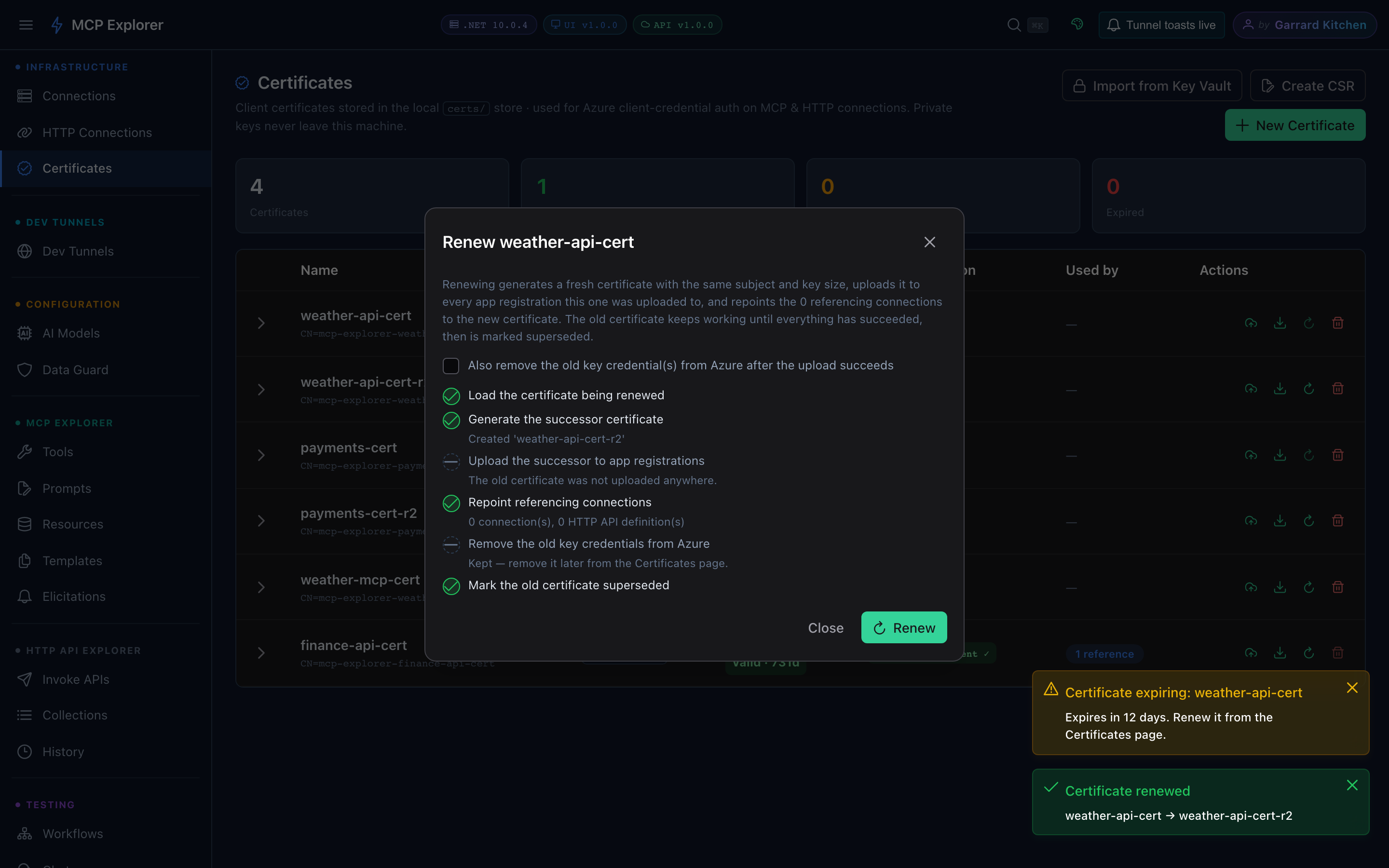 Renew dialog showing the completed rotation steps: generate successor, upload, repoint connections, mark superseded
