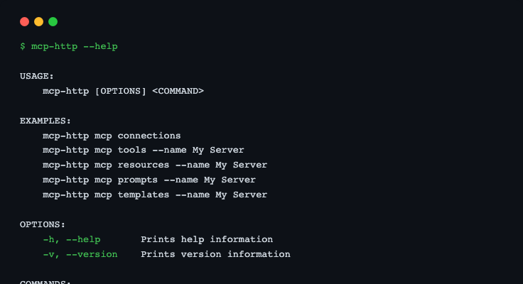 Terminal showing the mcp-http ASCII art banner in green and the version number in orange
