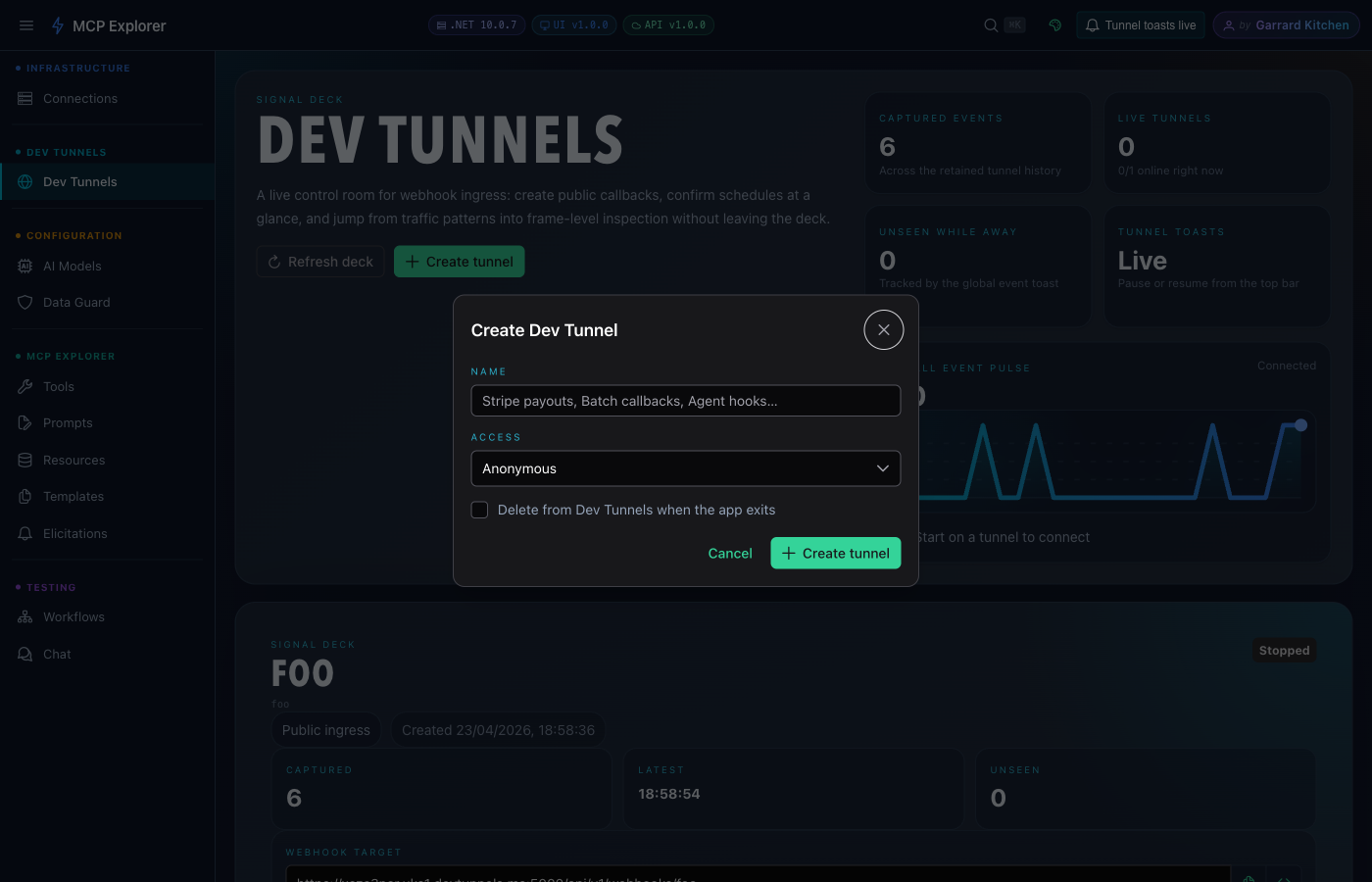 Create Dev Tunnel dialog with Name field, Access dropdown set to Anonymous, and Delete-on-exit checkbox