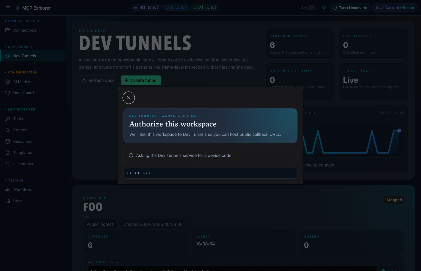 Device Code Login dialog streaming devtunnel login output with a browser URL and device code to enter