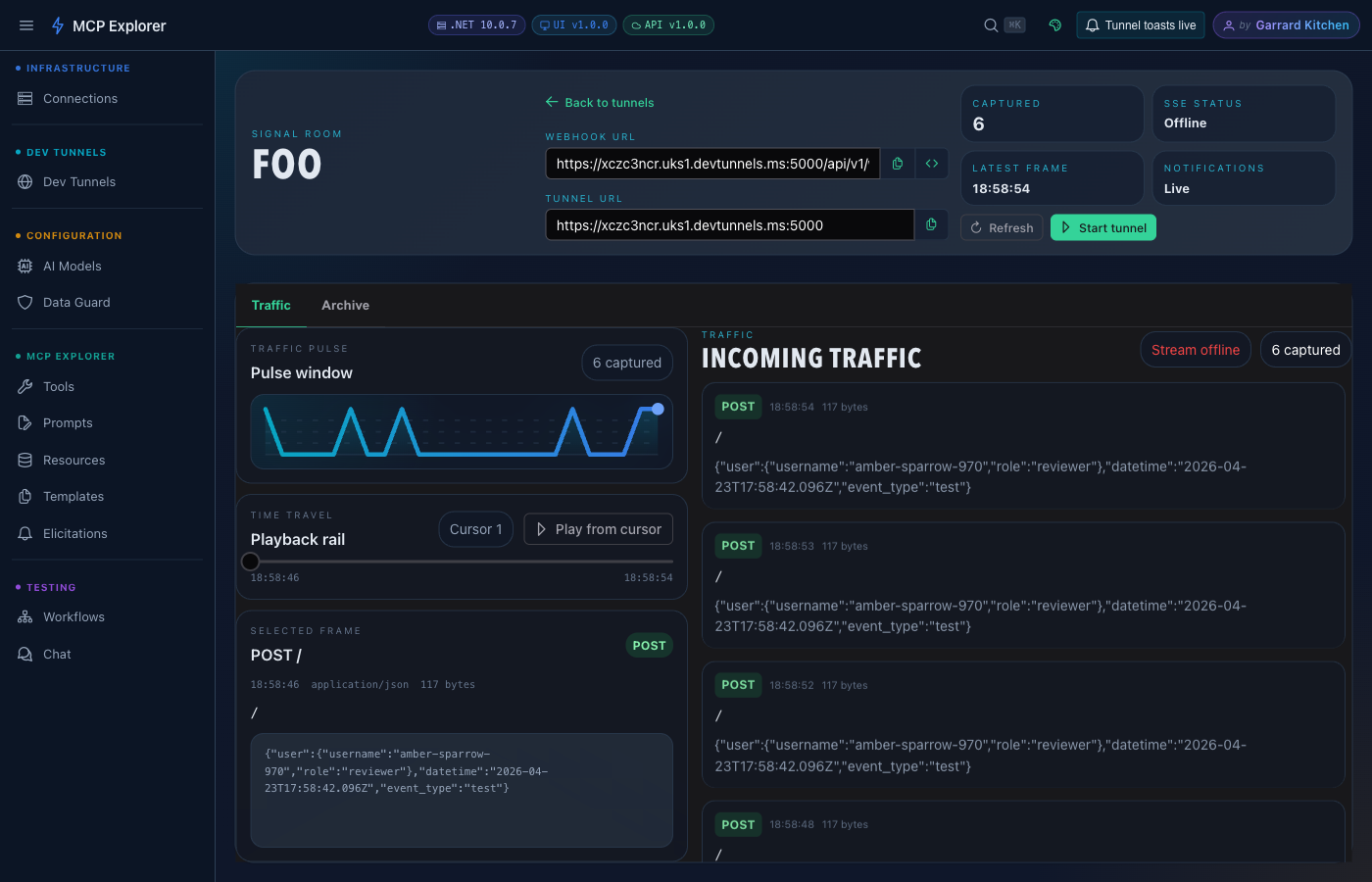 Tunnel inspector Traffic tab with EventTimeline histogram scrubber on the left and EventTape live feed on the right