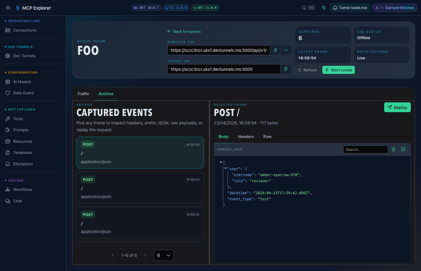 Tunnel inspector Archive tab showing selected event with HTTP method, path, headers table, and raw JSON body in the viewer