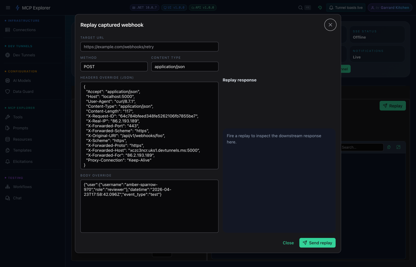 Replay dialog with target URL field, method override dropdown, headers override section, and response showing 200 OK