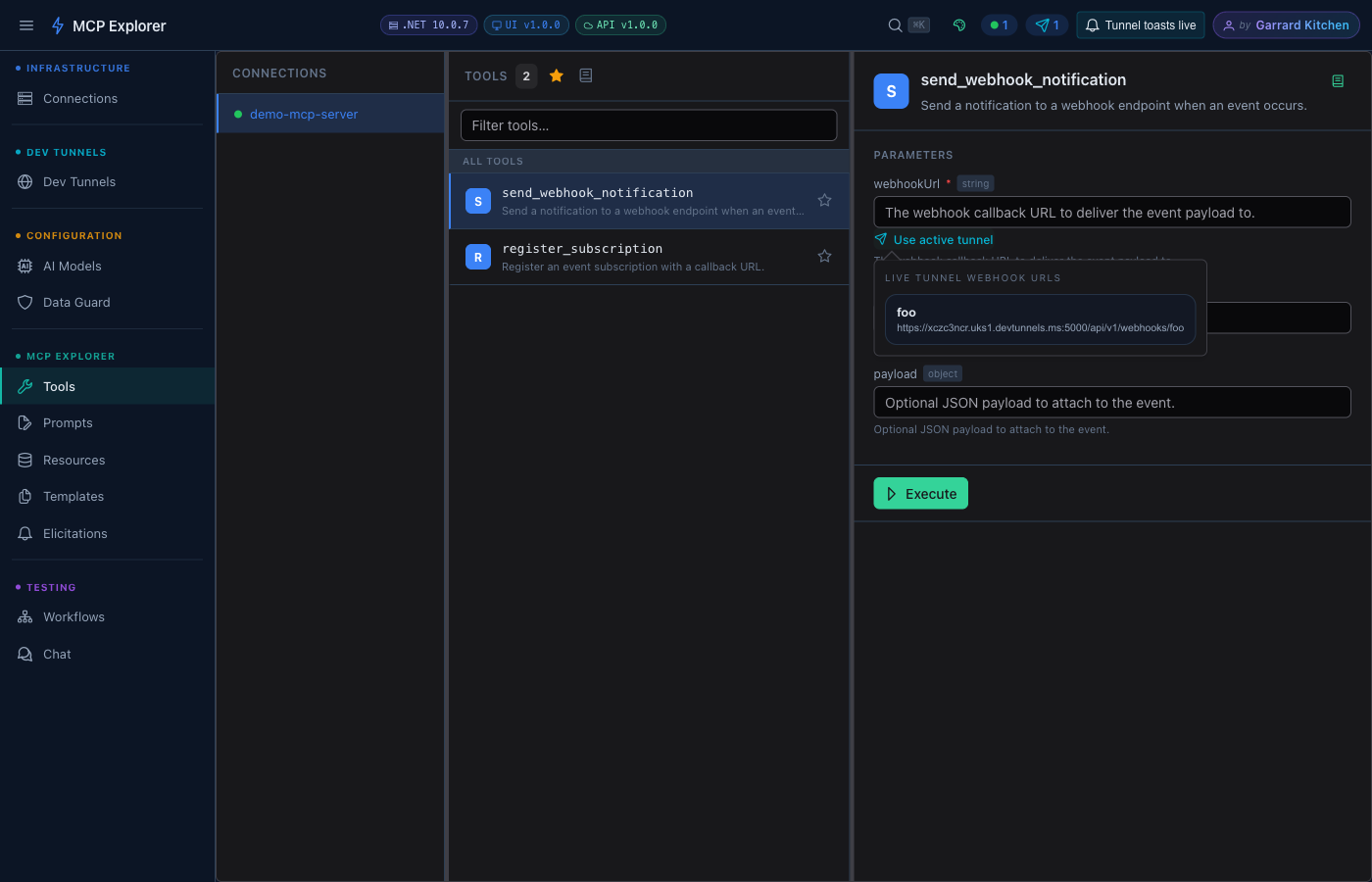 Webhook URL chip popover listing active tunnel names and their webhook URLs for selection
