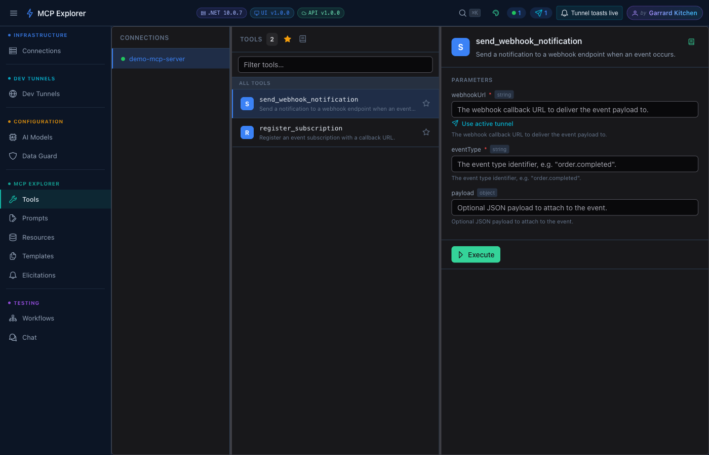 Tool parameter form showing a webhookUrl field pre-filled from an active Dev Tunnel via a chip picker