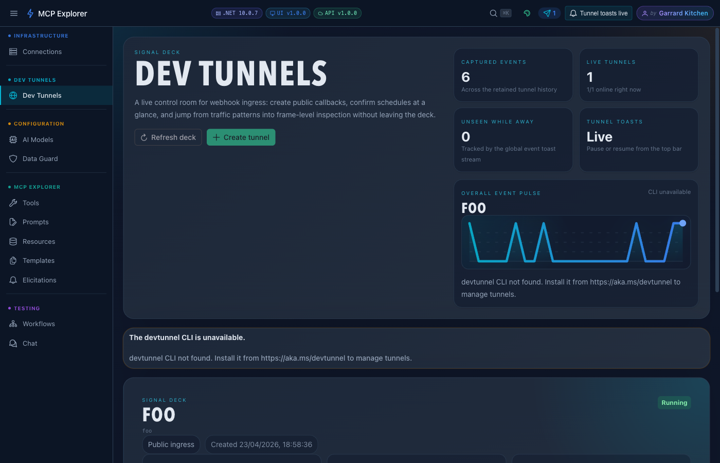 CLI unavailable warning banner explaining that the devtunnel CLI is not installed or not configured