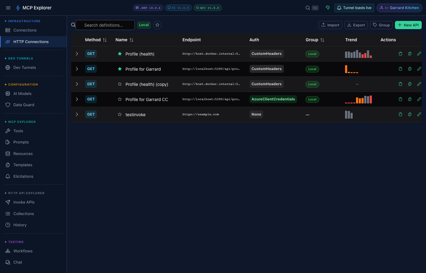 Infrastructure sidebar showing HTTP API Connections entry with a list of saved API definitions