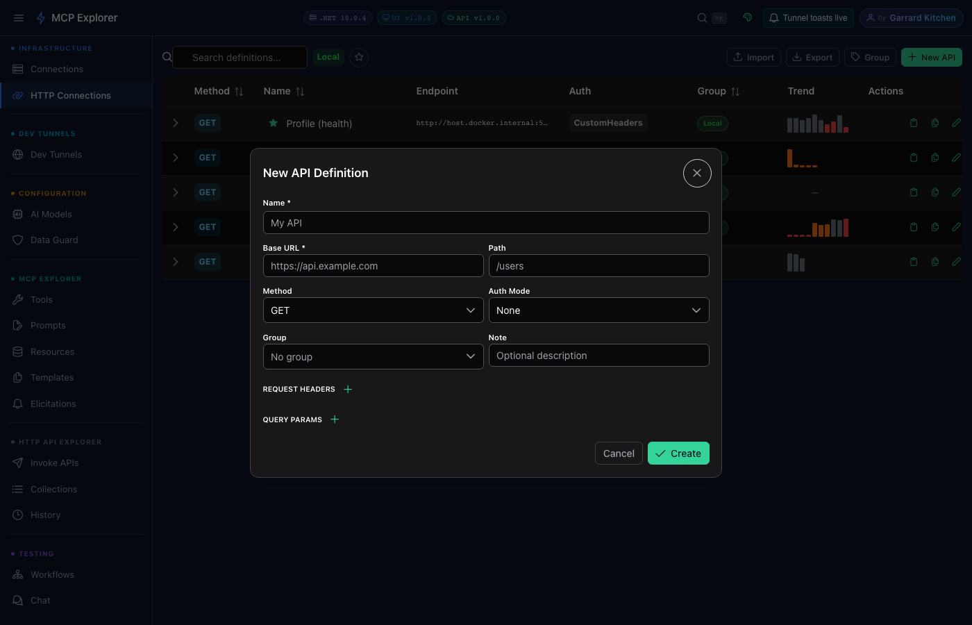 New HTTP API connection dialog with fields for Name, Base URL, Method, Path, Description, and auth options
