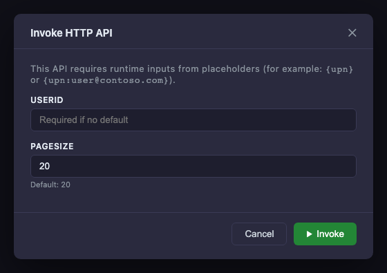 Template placeholder prompt dialog showing two input fields — userId with no default and pageSize defaulting to 20